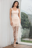 Branco Champagne Lace Ruffled Bodycon Noivado Vestido de Festa