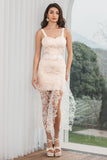 Branco Champagne Lace Ruffled Bodycon Noivado Vestido de Festa