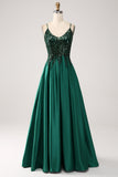 Verde Escuro A-Line Espaghetti Correias Vestido Longo Baile de Formatura