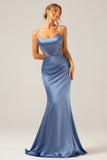 Sereia Cinzento Azul Cetim Esparguete Correias Plissado Maxi Dress