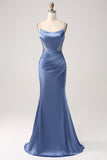 Sereia Cinzento Azul Cetim Esparguete Correias Longo Vestido de Baile