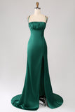 Sereia Verde Escuro Esparguete Correias Cetim Prom Vestido com Plissado
