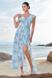 Flor azul branca elegante Chiffon vestido de dama de honra com fenda