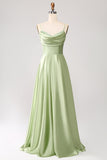 Dusty Sage Uma Linha Cowl Neck Cetim Long Prom Dress com pregas