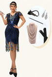 Preto Golden Fringe Sequins 1920s Vestido com 5-Piece Acessórios set