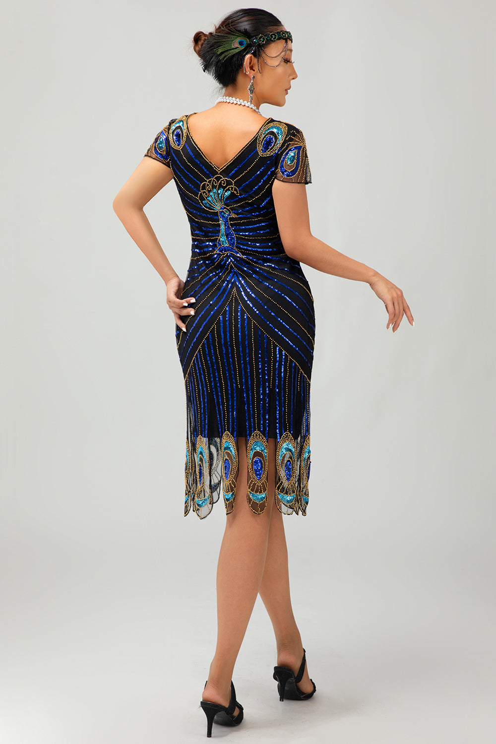 Sparkly preto azul bodycon V-neck 1920s vestido com missangas