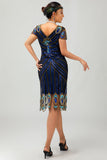 Sparkly preto azul bodycon V-neck 1920s vestido com missangas