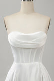 Elegante branco uma linha sem alças plissado varredura trem vestido de noiva com split