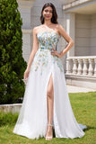 Branco A Line Strapless Tulle Long Slit Vestido de Noiva com Flores 3D