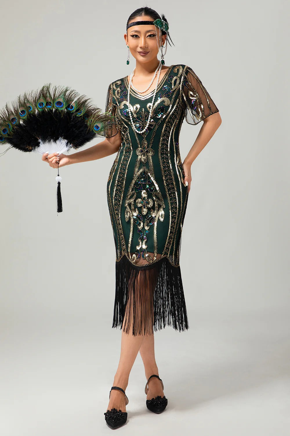 Sparkly Flapper Preto Dourado Lantejoulas Bodycon Fringed 1920s Vestido