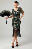 Sparkly Flapper Preto Dourado Lantejoulas Bodycon Fringed 1920s Vestido