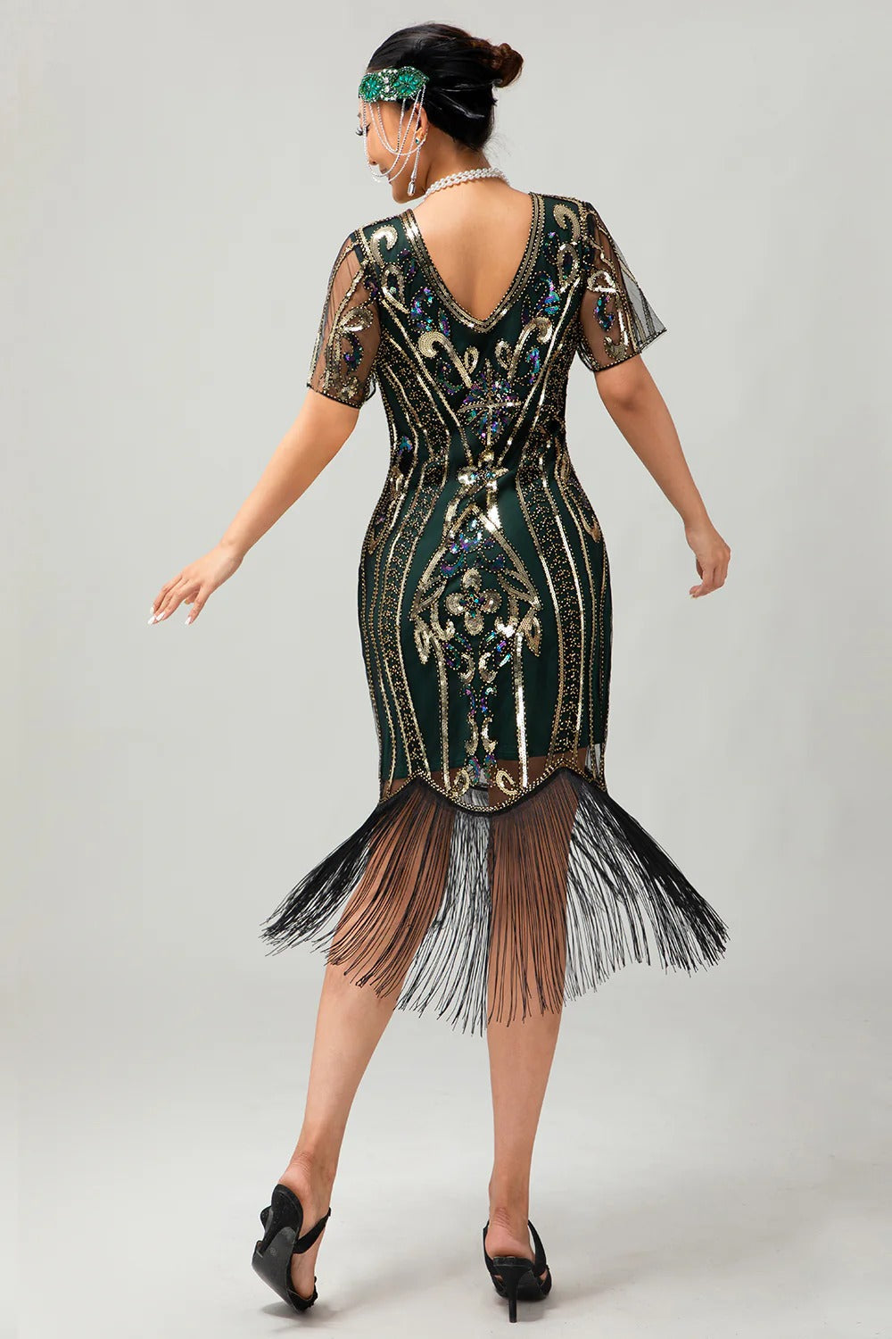 Sparkly Flapper Preto Dourado Lantejoulas Bodycon Fringed 1920s Vestido