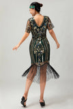 Sparkly Flapper Preto Dourado Lantejoulas Bodycon Fringed 1920s Vestido