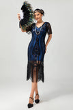 Sparkly Flapper Preto Dourado Lantejoulas Bodycon Fringed 1920s Vestido