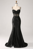 Sereia querida preto cetim longo vestido de baile com missangas