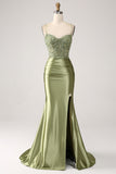 Sereia Sage Esparguete Alças Lace-up Back Prom Dress Com Fenda