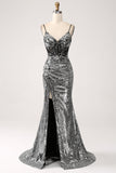 Preto Brilhante Sereia Esparguete Correias Corset Prom Dress com Fenda