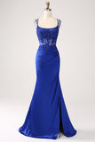 Royal Blue Mermaid Corset frisado longo vestido de baile com fenda