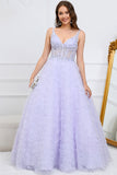 A Line V Pescoço Roxo Vestido de Baile com Flores 3D
