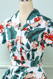 Retro V folha de pescoço impresso vestido vintage
