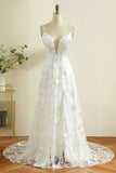 Spaghetti branco tiras vestido de noiva Boho com fenda