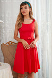 Vestido Bowknot do Pescoço Quadrado Vermelho dos anos 50