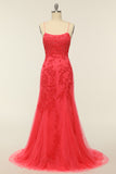 Coral Backless Long Prom Dress com Apliques