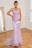Vestido de baile longo de sereia roxa clara com apliques