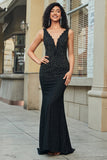 Brilhante Sereia Deep V Neck Black Lace Long Prom Dress com Missangas