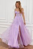 Roxo fora do ombro longo vestido de baile com apliques