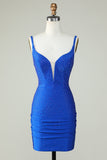 Bodycon Deep V Neck Royal Blue Vestido Curto Homecoming com Missangas