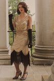 Champagne V Neck Backless Sequin Fringe Flapper Dress