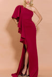 Vermelho Um Ombro Cetim Sem Mangas Longos Vestido Cerimónia