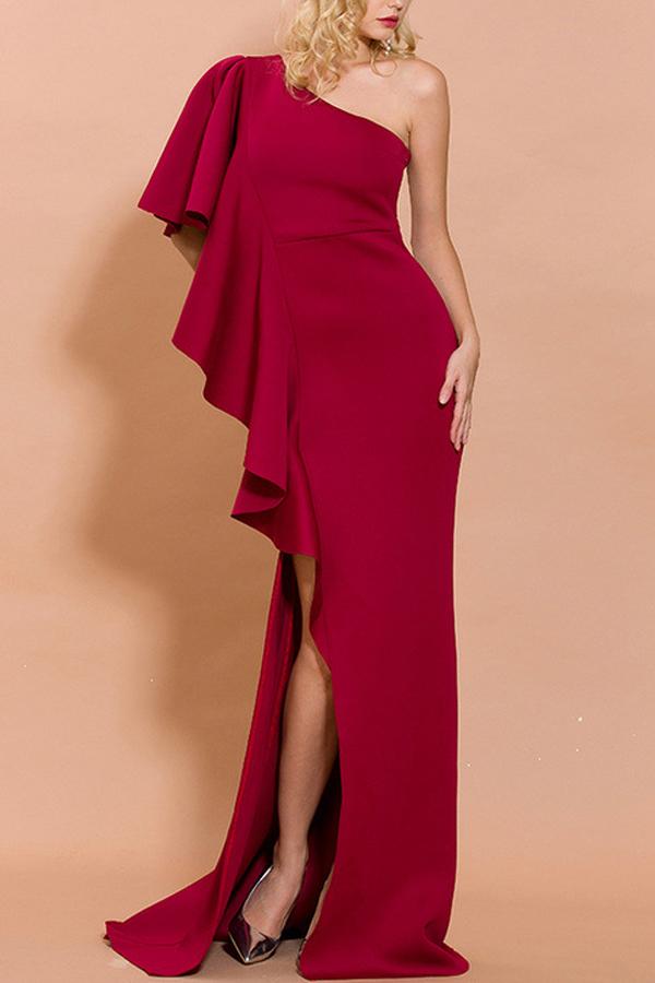 Vermelho Um Ombro Cetim Sem Mangas Longos Vestido Cerimónia
