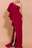 Vermelho Um Ombro Cetim Sem Mangas Longos Vestido Cerimónia