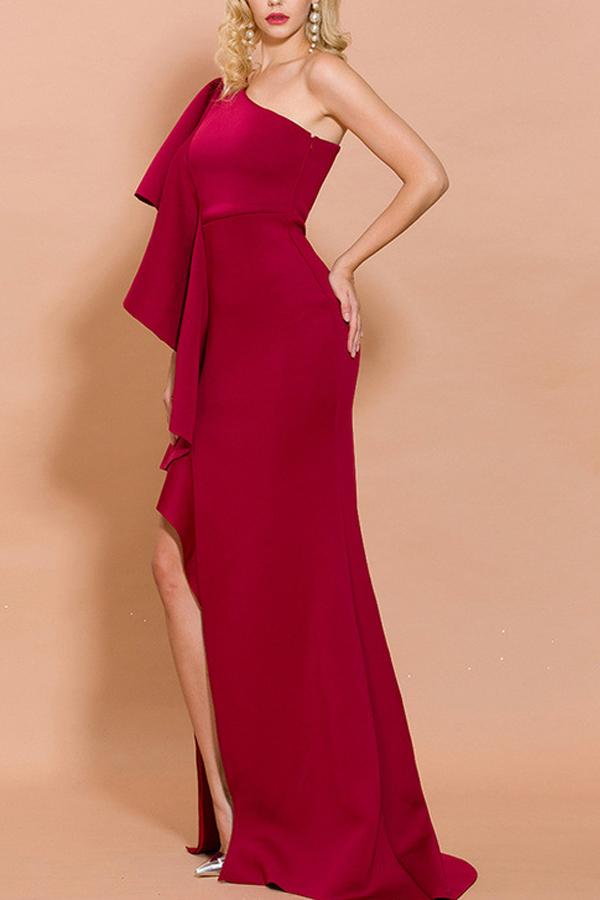 Vermelho Um Ombro Cetim Sem Mangas Longos Vestido Cerimónia