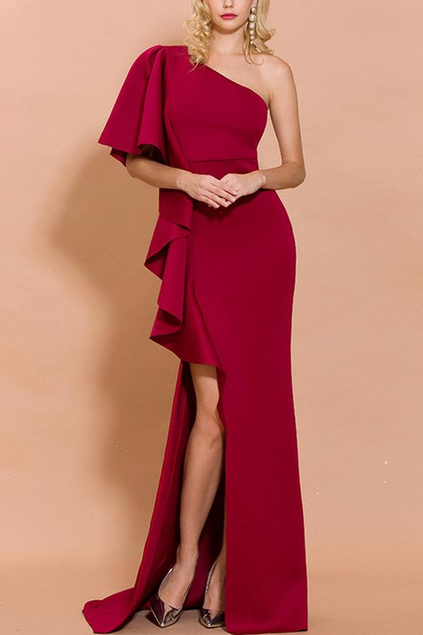 Vermelho Um Ombro Cetim Vestido Cerimónia Sem Mangas Longos Vestidos de Noiva