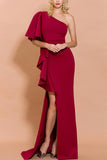Vermelho Um Ombro Cetim Sem Mangas Longos Vestido Cerimónia