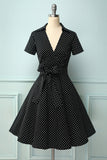 Preto Bolinhas Vestido Vintage