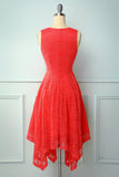 Vestido assimétrico de renda com decote em v vermelho