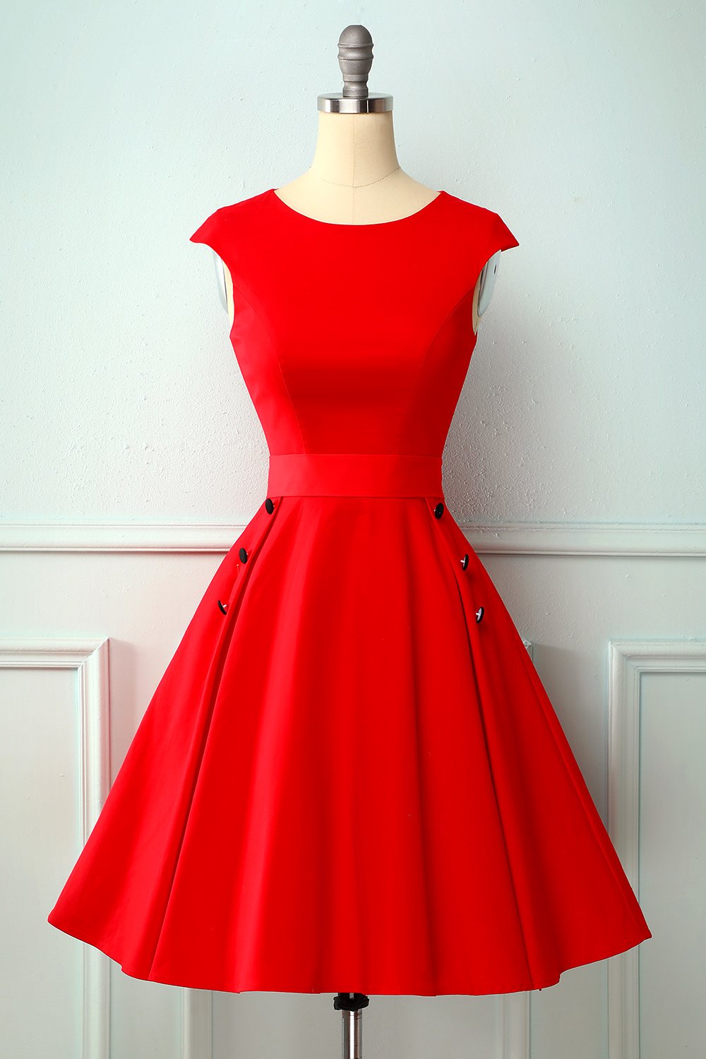 Vestido vermelho do balanço dos anos 50 do botão vermelho