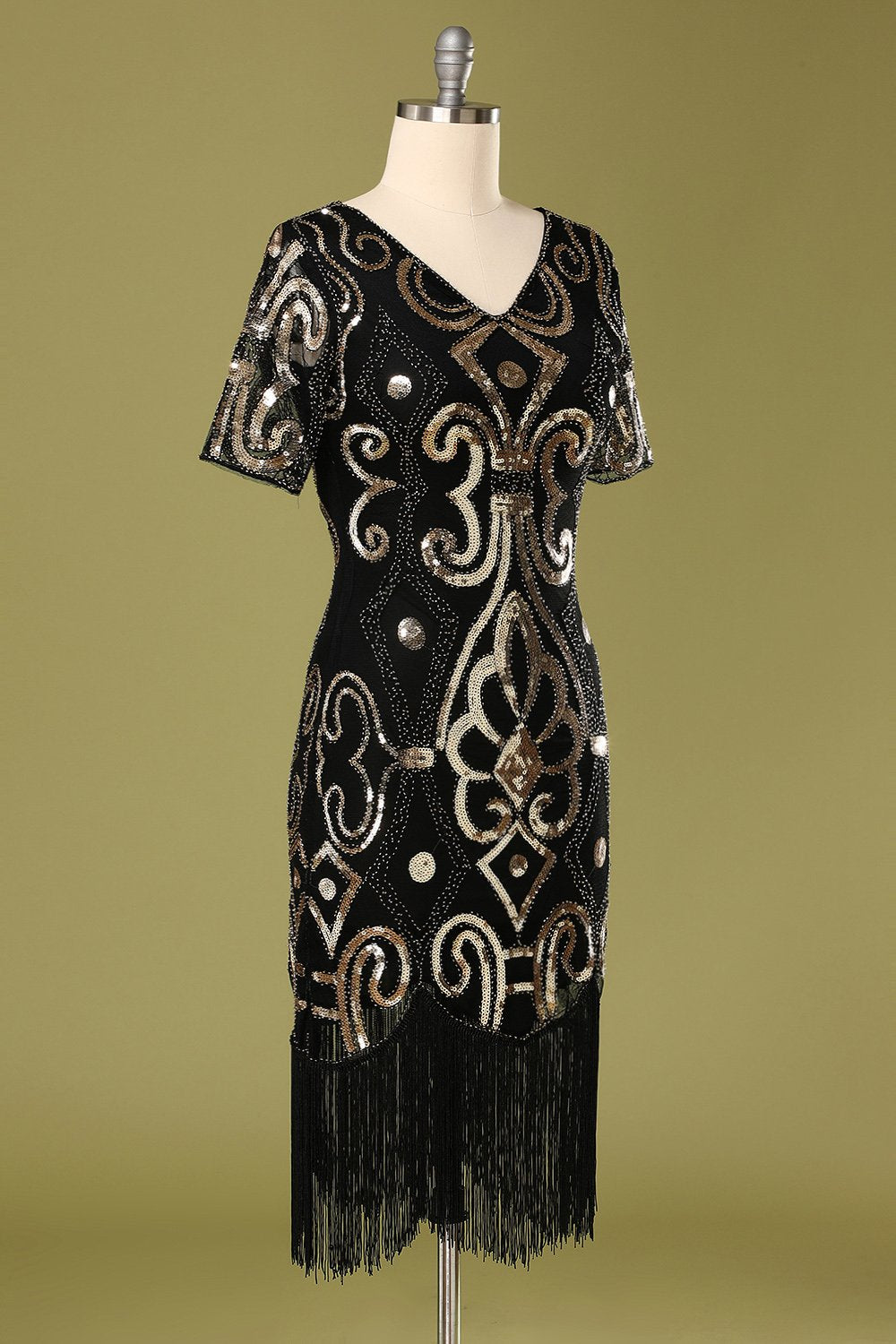 Vestido Flapper de lantejoulas pretas da década de 1920