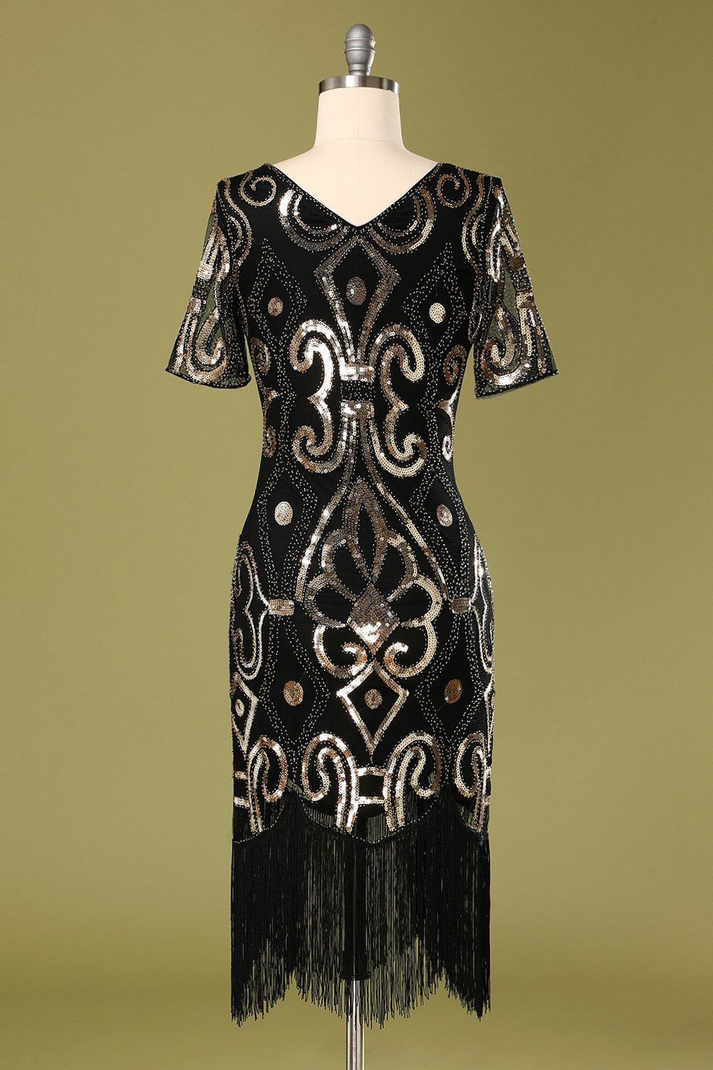 Vestido Flapper de lantejoulas pretas da década de 1920