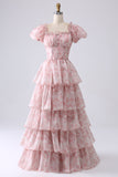 Blush A Line Square Neck Tiered Prom Dress com Folhos