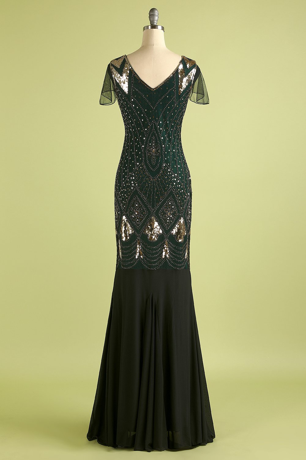 Vestido longo preto de lantejoulas da década de 1920