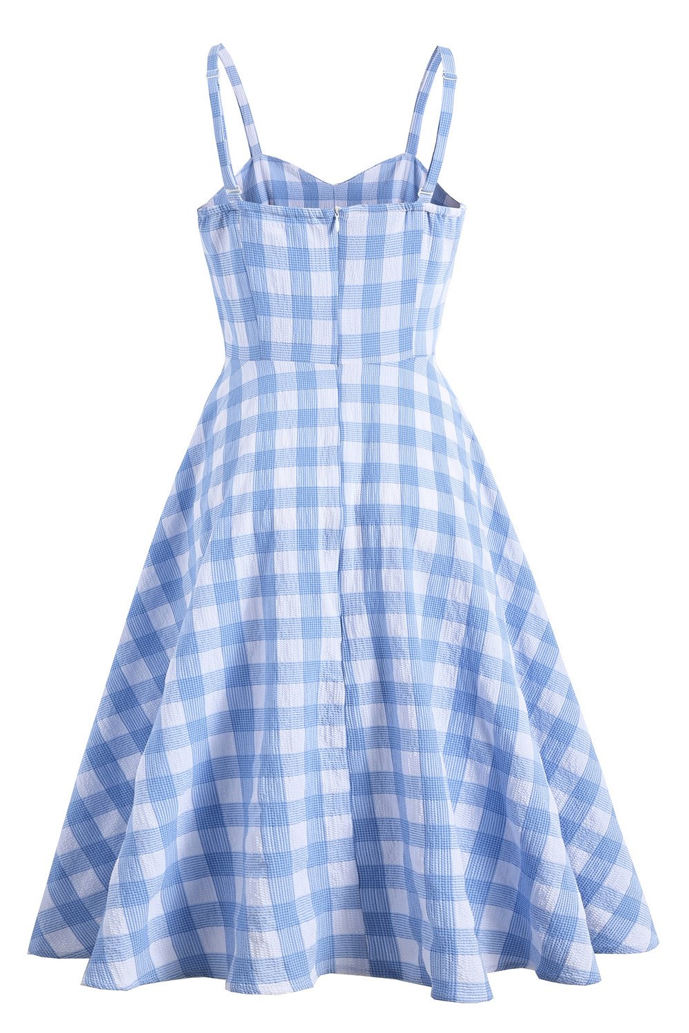 Vestido de balanço azul xadrez de 1950