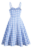 Vestido de balanço azul xadrez de 1950