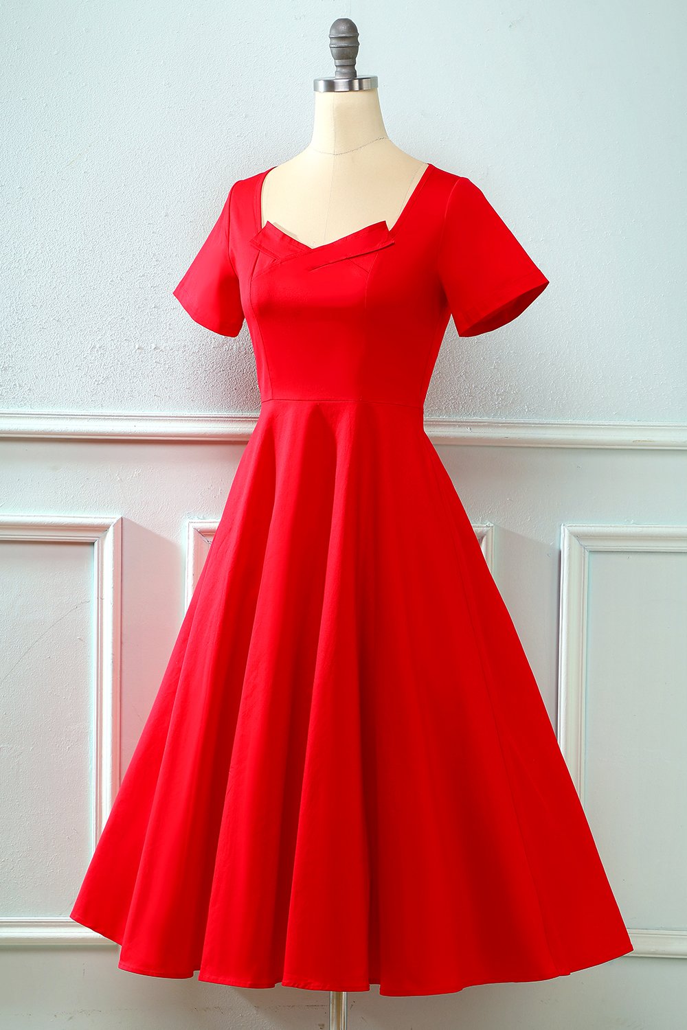 Vestido vermelho retro de colarinho quadrado de 1950