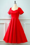 Vestido vermelho retro de colarinho quadrado de 1950