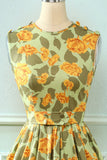 Vestido de impressão floral verde claro dos anos 50
